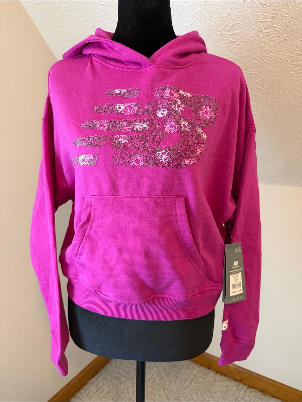 New Balance Girls' Bright Fuchsia Floral Logo Hoodie - Picture 2 of 4